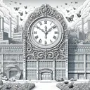 Imagine a detailed scene. At the center of the scene, there's a large, intricately designed clock. Its hands are pointed to 9, indicating that it's 9 a.m. Behind the clock, you notice a grand factory. The facade of the factory features an assortment of windows and other architectural details. It's a peaceful morning, despite the constant hum of industry coming from the factory. Surrounding the scene are bees, flying back and forth, their wings creating a slight buzz. In the distance, you can hear the consistent ringing of bells. The entire picture feels like a harmonious blend of nature and industry.