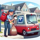 An engaging image depicting a typical day in the life of a mail delivery worker. The scene shows a Caucasian female postal worker sorting mail into a sack and loading it into a standard mail vehicle, a small, red, right-hand drive van designed for efficiency around neighborhoods. The background reveals a postal office and suburban homes, symbolizing the daily journey between the post office and the neighborhood. The mail vehicle is prominent but doesn't hold any text or brand signs. Please ensure that the female worker is wearing a blue uniform of the postal service complete with a cap.