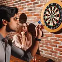An engaging and attractive scene of two distinctive individuals engaged in playing a game of darts. Capture Arjun, a South Asian man, attentively taking the first turn, his dart perfectly landing close to the bullseye on a colorful dartboard hung on a brick wall. Beside him, show Emma, a Caucasian woman, just having made her turn, her dart landing quite a distance away from the bullseye.