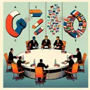Illustrate an abstract concept of a debate or discussion regarding the connection between ethnic conflict and nationalism. Picture a round table with five seats, each represented by a symbol: for A, illustrate a clenched fist; for B, a magnet repelling small particles; for C, a fire symbol; for D, depict multiple, colorful national flags clashing; and for E, depict a puzzle with mismatched pieces. Ensure the image does not contain any text, only symbols. Keep the scenery neutral, serene, and visually appealing.