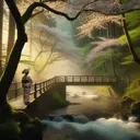 A river peacefully flowing through a lush cherry blossom forest. Mist is rising from the surface, giving a soft blur to the trees. The petals are slowly falling from the trees, landing on the surface of the river. A wooden bridge is crossing the river. A woman of Middle-Eastern descent wearing a traditional Japanese Kimono is standing on the bridge, feeling the tranquil of the moment. The late afternoon sun is casting a golden hue to the forest, adding illuminating spots throughout the scene.