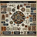 Visualize an abstract representation of a lesson on the 'Structure of Cultural Literature'. This interpretation should embody elements relating to cultural literacy, including symbols representing indigenous, colonial, influenced, and immigrant languages. Opt for a non-textual approach to evoke the content of the lesson. Elements could include, for instance, a collage of old parchments, a diverse range of ethnicity symbols, elements denoting the passage of information through time and generations, a globe denoting diverse cultures with lines signifying the spread of language.