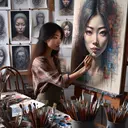 A scene within the bounds of an art studio. An East Asian female artist focused on creating a portrait on a canvas. She uses a variety of brushes and vibrant colors to capture the sitter's outgoing personality. Additionally, she skilfully manages the proportions of the face to create a special mood. To her left, the array of sketches on the table indicate her attempts at capturing the sitter's expressionless personality as well as an expressive and youthful personality. The artist occasionally looks back at detailed drawings of surrealistic backgrounds placed near the easel.