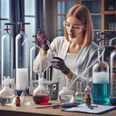 Picture a science lab scene where a scientist is holding a beaker filled with gaseous propane. On her desk, there are five clear oxygen tanks next to her, and on the other end of the desk, there are containers - two filled with gaseous carbon dioxide and four with liquid water. Each of the containers has markings showing their volumes. The scientist is using a pipette to measure the volume of the propane. The room is full of curiousity and scientific fervor.