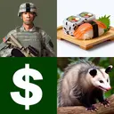 Generate an image that represents the following words, without including any text in the image. A military figure that symbolizes the word 'lieutenant', sushi on a wooden sushi plate, an opossum in a natural environment, and a dollar symbol to represent the word 'dollar'. All elements should be placed in such a way that they are equally prominent and visually balanced.