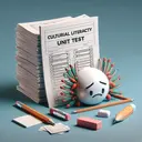 Create a captivating visual representation of a Cultural Literacy Unit Test, including elements such as a stack of test papers, a pencil, and an eraser. The scene should have a serious mood representing stress for academic achievement, but exclude any text from the image. However, ensure no identifiable people are present in the scene.