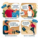 An educational illustration representing the concept of correct usage of quotation marks in English sentences. Display four different scenarios visually representing the sentences. First, a person inquiring about someone else's presence at a sports event. Second, an individual expressing disbelief about someone's departure. Third, a person questioning whether another individual saw a particular woman. Fourth, someone searching for their lost keys in a state of panic. Use symbolic and abstract elements to avoid using text in the image.