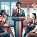 Illustrate a scene encapsulating the concepts of formal and informal communications. In one half of the image, depict a young Black woman wearing business attire, speaking on a prestigious podium to an attentive audience, representing formal language — this symbolizes a professional, formal setting. Parallel to this, on the other half, portray a Hispanic man in casual clothes chatting with his Asian female friend at a coffee shop, embodying an informal conversation — this embodies casual, informal settings. Ensure to follow the rules of balance and symmetry, however, the image should not contain any text.