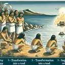 Visualize an ancient Yaqui mythological scene involving land dwellers and the sea. Depict a group of ancient Yaqui individuals of diverse race and gender on the sea's edge, watching with curiosity and fear. Show one individual at the brink of entering the water, while the others exhibit reactions that match the four mentioned outcomes - expecting a fiery discovery, transformation into a toad, an unexpected reward, or impending doom. However, avoid displaying any text in the image.