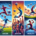 Create a compelling image that shows four different aspects of soccer, relating to each option in the given problem. Show a professional soccer player in action, someone expressing joy and excitement for soccer indicating it's their favorite sport, an image depicting soccer's global popularity and finally, someone exercising and gaining health benefits from soccer. Make sure no text is present in the image. The scene should be vibrant enough to engage viewers.