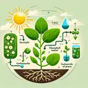 A visually appealing and educational image showing the various components involved in the process of photosynthesis. This includes sunlight, chlorophyll in green leaves, water drawn up by the plant roots, and carbon dioxide from the atmosphere. Illustrate these elements in a way that clearly shows their interaction within a plant, perhaps with arrows to show the process flow. Remember, the image should be informative but devoid of any written text.