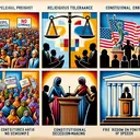 Create an artwork that represents the concepts from the given series of questions. Display a peaceful protest for civil rights incorporating citizens of diverse colors, a scene depicting religious tolerance involving individuals of different races praying together in harmony, a visual representation of constitutional decision-making, using notable symbols like scales, and a depiction of freedom of speech with a woman standing at a podium in front of a crowd. Remember, the artwork should contain no text.