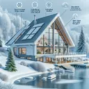 Generate an image representing a wintry environment, with a modern, energy-efficient house designed specifically for such conditions. The house should show various energy-saving features like thick insulated walls, triple-glazed windows, steep slanted roofs for snow slide-off, and solar panels. Broad details that suggest the serious chill of a cold climate should fill the surrounding landscape such as frosted trees, snow-covered ground, and a partially frozen nearby body of water, emphasizing the functionality of the house.
