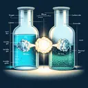 Illustrate a visual description of a scientific experiment involving gases. Show two separate clear glass containers, one with oxygen and the other with carbon dioxide, both measuring 50cm3. In the center, show a spectacular yet controlled explosion symbolizing the interaction of the two gases. The oxygen container should be blue-tinged while the carbon dioxide one is green-tinged to visually differentiate them. Also, represent invisible residual gas around, indicating room temperature. Make sure the image is enticing and communicates the scientific process, while containing no text.