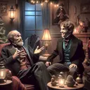 Create an image depicting a scene from a classic Victorian era story. In the scene, a sour and pessimistic old man is engaged in a lively conversation with his cheerful and optimistic nephew. The old man, dressed in a fine suit, represents wealth but displays an attitude of discontent. The nephew, on the other hand, appears less prosperous but with a merry disposition. There are no words displayed in the picture, only the characters and their surroundings that somehow reflect their contrasting attitudes toward life. The atmosphere has a feeling of Christmas, with subtle elements of festive decor in the background.