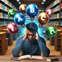 Imagine a harmonious and calming library setting. In the center, a distressed-looking South Asian male student rests his elbows on the desk, holding his head in his hands, working on a list of ten true or false questions. He seems puzzled as he tries to guess the answers. To represent the options, four colorful balls with 'A', 'B', 'C', and 'D' labels float in the air around him. The 'C' ball shines brighter than the others. Please ensure that no text is present in the image.