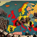 Generate a detailed, stylistic map of Europe in the period immediately following World War I. Highlight the borders of three nation-states brought into existence due to the deliberations and actions of the Allied leaders. Make sure to portray the atmosphere of the time, with imagery reminiscent of old political cartoons, showing abstract representations of the leaders cooperating to draw up the new state lines, embodying the spirit of reorganization and reconstruction. The scene should not contain any text.