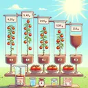 The image depicts a science experiment taking place in a sunny garden. There are 6 tomato plants, each receiving an equal amount of sunlight and water. The differences are in the dose of fertilizer they are provided: one plant has none, while the subsequent ones have 5, 10, 15, 20, and 25 grams respectively. Beside each plant is a clear, labelled container indicating the amount of dissolved fertilizer given each day. After 3 weeks, the ripe tomatoes on each plant are collected and weighed on a balance scale.