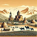 Create an image depicting the following: a picturesque landscape showing the unique attributes of Armenia and Georgia, such as ancient monasteries, mountains, and vineyards. The image should also show some distinct features of Central Asian countries, like yurts, camels, and steppe landscapes to illustrate the differences. All elements should be free-standing, without relating text. Note: no written words or symbols should be visible in the image.