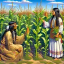 Visualize an open prairie under a clear blue sky. In the foreground, a Native American (Sioux) woman with brown skin and dark hair, dressed in traditional attire, is knelt next to a flourishing cornfield. She's attentively inspecting the tall corn stalks with one hand, almost as though she's measuring their height. In her other hand, she holds a bundle of corn seeds. Nearby, another Sioux woman with the same physical features is seen in a meditative pose, eyes closed and hands gently folded as if in prayer. Remember, the image should invoke curiosity, but must contain no text.