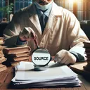 Describe an engaging image depicting a scene where a magnifying glass is uncovering the 'source' from a pile of documents and books to visualize the concept of sourcing a claim. Additionally, a person of South Asian descent, dressed in a scientist's attire could be analyzing the documents to cement the idea of investigation. The setting is a rustic wooden desk under soft, natural lighting. The image completely refrains from incorporating any text, the primary focus is on the symbolic representation of the subject.