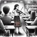 An image of a sketched classroom scene is desired. The spotlight is on a Hispanic girl standing in the middle. She's named Luiza. With her violin clutched under her chin, she's ready to perform. Her face is covered in beads of sweat, indicating that she's nervous. The rest of the room is filled with her peers, all of them eagerly staring at her. The classroom setting is fairly simple, equipped with desks, blackboard, and teaching materials. In the corner of the room, a lady watches with keen interest, presumably a teacher. This image infers a tense yet intriguing atmosphere.