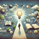 Create an abstract illustration representing the concept of a main idea. Include a faint background with a path leading to a highlighted central point, symbolizing the main event. Show diverse inanimate objects representing different ideas along the path, such as a book for a lesson, a walking figure for an action, a condensed text document for a short statement, and an emerging light bulb for a concept introduced. Intensify the brightness of the concise text document to show it as the correct answer.