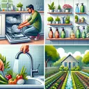 A visually engaging scene depicting a kitchen environment with eco-friendly practices. Show a man, of South Asian descent, attentively loading a dishwasher to its full capacity. In another section of the image, display a variety of biodegradable soaps on a bathroom shelf. In the garden scene, portray a lush vegetable patch being watered by a hand-held watering can instead of a sprinkler. Avoid any sign of a bathtub in the washroom, implying showers over baths. Remember, no text should be included in this image.