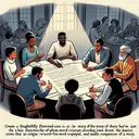 Create a thoughtfully illustrated scene representing the concept of summarizing a story. This scene should to consist of a diverse group of people sitting around a round table vigorously engaged in a conversation. To elaborate, a Black woman is seen sketching the key characters and events of the story they've just read on a large paper spread over the table, a Hispanic man is seen noting down the major details, and a Middle Eastern woman is seen avoiding jotting down her own opinions, instead focusing on the central consequences of the story. As they discuss, hint at the absence of a critique, a word-for-word transcript, and the main character's dialogues to emphasize the image's connection to the theme of summary creation.