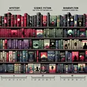 Illustrate an image of a full bookshelf, divided into three distinct sections, without any text. The first section features mystery books with a notable dominance of colors like red and black. Each cover hints mysteries, such as spyglasses, footprints or fingerprints. The middle section contains science fiction books with a multitude of bright colors, featuring aliens, spaceships or futuristic cities. The last section comprises biographies decorated with realistic depictions of various people and significant life events. Please maintain the ratios as per the instructions, equating to 4:3:5 for mystery, science fiction, and biographies respectively.