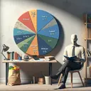 Visualize an anonymous individual, gender unspecified and of an unspecified descent, seated on a chair and organizing his finances. This includes a pie chart on a table, divided into various parts. Areas representing different chunks of the income are color-coded - the largest portion to symbolize 5/12th being spent on food, it is represented by a grocery bag, the next 1/7th is represented by a stack of books indicating expenditure on reading material. The remaining section of the pie chart remains blank, indicating it is left for other expenses. The scene setup is a quiet, well-lit home office.
