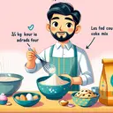 Illustrate a wholesome kitchen scene where a middle-eastern man, Mr. Lim, is engage in baking. He has two separate bowls, one for cake mix wherein 3/5 Kg of flour is already mixed, signified with a small numerical tag beside the bowl. The other bowl intended for cookie dough has less flour, visually noticeable by its lower quantity in comparison to the cake mix. Show the flour bag nearby, along with other baking supplies like eggs, butter, whisk etc. The image should be lively, colorful and inviting. Please ensure no text is incorporated within the image.