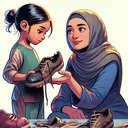 Generate an image showing a young girl, of South Asian descent, holding up her worn out shoes to show to her mother. The shoes have a hole and visibly worn out soles. The mother, a Middle-Eastern woman, is suggesting ways to mend the hole or hinting towards an alternate pair of shoes.