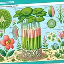 Visualize an educational representation of botanical entities that the questions are discussing. Display a cross-sectional view of a vascular plant, highlighting the xylem in the form of tube-like structures that facilitate water transportation. Also depict nonvascular plants illustrating their distinct structures. Furthermore, include a flowering plant with a clearly visible anther producing pollen granules for reproduction, with leaves having distinct veins denoting the site for photosynthesis.