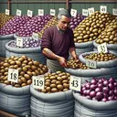 An illustrative scene of a market stall with an Italian man named Martino. He is meticulously sorting through a large number of potatoes and onions, placing them into bags. There are exactly 119 potatoes in light brown and 135 onions in a glossy purple hue spread out on the table. Each bag displayed on the scene holds 7 potatoes or 9 onions. His Italian features are prominent, representing the diversity of the world. This image serves as representation to an arithmetic problem intended to gauge understanding of numbers and division. The image doesn't contain any text.