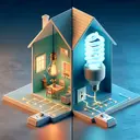 An illustration showing a delicately built miniature house model with two different rooms. In one room, a switch is connected to a classic incandescent bulb glowing warmly. In the next room, a switch is hooked up to a compact fluorescent bulb, emitting a bright, cool light. Between the two rooms, display a visualization of electricity flow from a circuit to both bulbs, but show less electricity flow towards the compact fluorescent bulb, symbolizing energy efficiency.