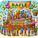 Create an image showing the scene of a raffle with numerous individuals of various descents and genders excitedly purchasing tickets from a counter. Visualize hundreds of raffle tickets, colorfully represented. There are six eye-catching prizes displayed prominently, including an array of items like a bicycle, a huge teddy bear, a basket of fruits, a shiny trophy, a novel book, and a roller skates pair. Also, illustrate a money box near the counter filled with notes and coins, indicating the amount of money raised. Ensure the image does not contain any texts or numbers.