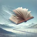 Create an abstract conceptual representation of a book with pages dynamically turning backward, symbolizing a flashback. Illustrate the book floating in a serene landscape setting, where one can see a demarcated border line in the distance. Please ensure no text is included in the image.