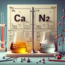 A visually engaging and scientifically accurate depiction of a chemistry experiment. On one side showcase beakers containing precise measurements of two separate elements: 24.0 grams of solid Calcium symbolised by the Periodic Table symbol 'Ca', shown as a pale-yellow metal; and 12.0 grams of Nitrogen, represented as 'N2', depicted as a colorless and odorless gas. These elements are about to undergo a reaction. On the other side, visualize the resulted compound named Calcium Nitride, denoted by 'Ca3N2', appearing as a red-brown crystalline solid. No equation or text needs to be present in the image.