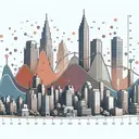 Illustrate an image of an abstract city skyline with buildings of diverse heights, representing the varying weights of the population. Include an overlay graph showing a normal distribution curve, signifying the population's weight distribution. Indicate a specific point on the curve to represent the mean weight of the sampled group from one of the city's neighborhoods. The image should be devoid of any text or numbers.