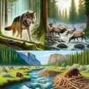 Illustrate an ecological scene demonstrating the impact of reintroducing wolves into an area. Show wolves in a lush Yellowstone National Park, prowling near a forest edge, with their attention focused on a herd of elks. In the background, highlight a thriving beaver population busily constructing dams in a healthy, flowing river. This inspiring image should depict the intricate balance of the ecosystem without any text.