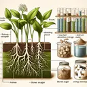 Create an illustrative image showcasing various aspects of plant anatomy. Depict a section of a plant that shows roots under the soil with pictorial representation of stored sugar. Also, include images of animals, implied attracting to the plant and the concept of energy storage. Exclude any texts from the image. The overall aesthetic should be similar to a biology textbook illustration.