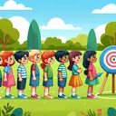 Illustrate a vibrant outdoor scene of 7 children lining up to throw a ball at a target. It's a sunny day, and they are standing on green grass in a park. The children are a mix of different descents such as Caucasian, Hispanic, Middle-Eastern, and South Asian. The line should include 3 girls and 4 boys, positioned so that there's an alternative placement of boys and girls, starting with a girl who is first in line and ending with a boy who is last. The target should be a bullseye on a tall, wooden stand.