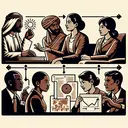 Create an image that visually underlines the concept of chronological order without using any text. Depict four distinctly separate elements: one symbolic of a flashback with a Middle-Eastern man reminiscing, another indicative of a sequential timeline, third element should represent a geographical location with a South Asian woman looking at a map, and the final one portraying an interaction between two diverse characters - a Black woman and a White man engaged with each other. Ensure there isn't any text in the picture.