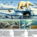 Generate an image that represents the circumstances and concerns outlined in a list of ecology and climate-related questions. It should depict a polar bear on arctic ice hunting for ringed seals peeking through a hole. Ringed seals should also be shown giving birth in a snowdrift lair. The background should subtly and artistically imply the potential for increased temperatures. Also, illustrate a marine ecosystem with algae and sharks in the water. Finally, evoke signs of climate change in a central European setting with birds adjusting their patterns and a snapshot of the early 1900s North America featuring drained wetlands and hunted cranes.