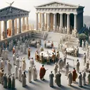Create a thought-provoking scene that symbolizes the origins of democracy. Create an ancient Greek city-state setting with people of different genders and descents debating in the Agora. Design the figures in classical attire, thus emphasizing the importance of shared decision-making and open dialogue. Mix up the ethnicities and genders within the gathering. Give the landscape a classical feel with architectural elements such as Parthenon-like structures, marble statues, and olive trees. Make sure that the image does not contain any text.