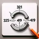 A magnetizing image showing the process of rounding a mathematical number. A 321 is rounded up to 325, and 409 is rounded up to 410. Please draw these numerical illustrations in a visually captivating way. To show the progression from the original number to the rounded number, draw a soft arrow. The arrows should move slightly up for 321 to 325 denoting being rounded up, whereas for 409 to 410, it's an insignificant movement to just the next number.
