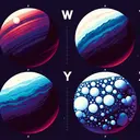 Create an image illustrating a space theme, showcasing four different planets labelled as W, X, Y, and Z, each associated with varying astronomical sizes to reflect differing masses, but without captions. Each planet should display distinct visual characteristics to differentiate them. The colors varying from deep reds, blues to icy whites. Planet Z and Y are depicted as noticeably larger due to their higher mass compared to the smaller planets W and X.