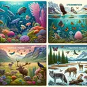 Create a detailed and colorful image highlighting four different ecosystems: a vibrant underwater coral reef teeming with marine life, a still and murky stormwater pond, an open mountain meadow filled with diverse flora and fauna, and a cold, icy arctic tundra. Additionally, illustrate various levels of the food chain in a forest ecosystem, ranging from plants, rats, nuthatches, frogs, butterflies, squirrels, and deer, up to predators like a wolf, mountain lion, an eagle, a pine marten, a ringtail, a whiptail, a jackrabbit, and a cat.