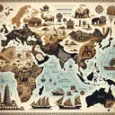 An illustrative map featuring the Indian Ocean surrounded by symbolic illustrations of the key regions involved in the historical trade routes. There should be distinct symbols depicting East Africa with its diverse wildlife and landscapes, the Middle East with its desert vistas and historic architecture, and China with its unique landmarks and cultural symbols. All of it should be styled in a way that emulates ancient cartography techniques, creating a feel of historical authenticity. Please ensure that the image contains no text.